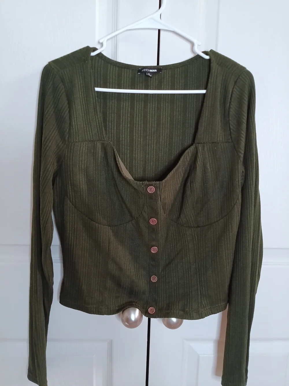 Fashion Nova‎ Olive Green Ribbed Button-Front Long Sleeve Top